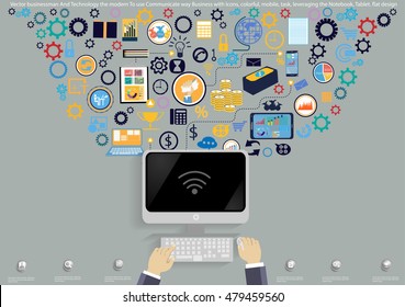 Vector businessman And Technology the modern To use Communicate way Business with Icons, colorful, mobile, task, leveraging Notebook, Tablet. flat design
