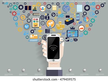 Vector businessman And Technology the modern To use Communicate way Business with Icons, colorful, mobile, task, leveraging Notebook, Tablet. flat design
