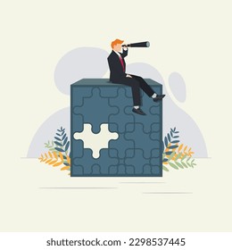 Empresario vectorial con telescopio buscando puzzle de las piezas faltantes