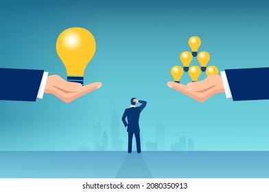 Vector of a businessman thinking making a choice one big idea vs many small ideas light bulbs 