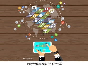 Vector Businessman top corner using modern technology to communicate tablet. Contact trade and worldwide market, with a business icon and the world flat design