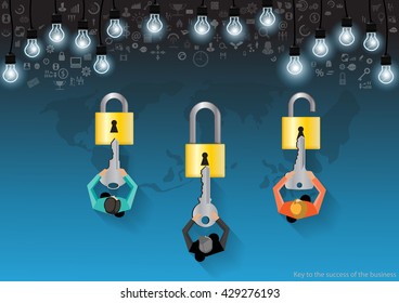 Vector Businessman top corner using modern technology to communicate tablet Contact trade and worldwide market, with a business icon and the world flat design