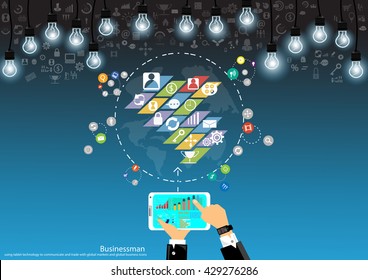 Vector Businessman top corner using modern technology to communicate tablet Contact trade and worldwide market, with a business icon and the world flat design