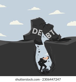 Vector businessman trapped into deep hole with rock of DEBT design illustration