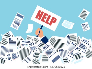 Vector of a businessman under a lot of bills in his office asking for a help.