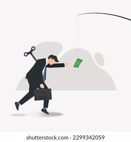 Vector businessman under control of wind up key following the money design vector illustration