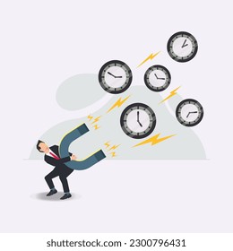 Vector businessman use a big magnet attract giant clock. Need more time concept illustration