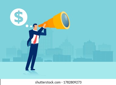 Vector of a businessman using binoculars looking into future thinking of big money