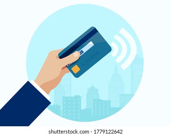 Vector of a businessman using contactless way of payment with credit card 