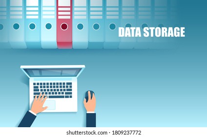 Vector of a businessman using laptop computer searching a file in organized cloud data storage 