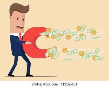 Vector Businessman using a magnet attracts money and luck. vector illustration