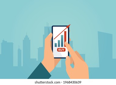 Vector of a businessman using mobile phone with growing up financial graphic 