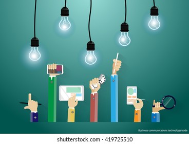 Vector Businessman using modern technology to communicate with mobile commerce tablet and bulbs  flat design