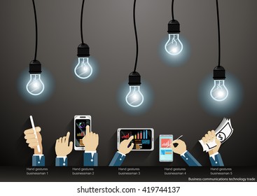 Vector Businessman using modern technology to communicate with mobile commerce tablet and bulbs flat design