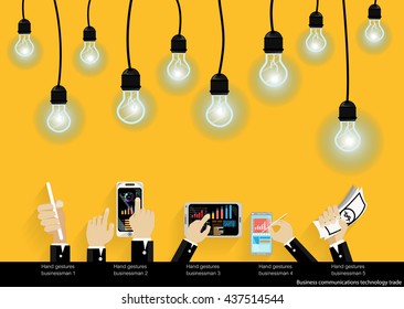 Vector Businessman using modern technology to communicate with mobile commerce tablet and bulbs flat design