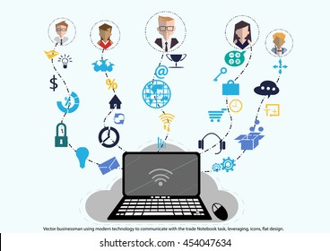 Vector businessman using modern technology to communicate with the trade Notebook task, leveraging, icons, flat design.