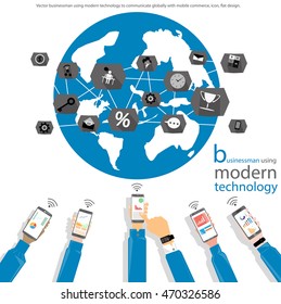 Vector businessman using modern technology to communicate globally with mobile commerce, icon, flat design.