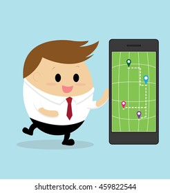 Vector of Businessman using smart phone with navigation map and pin pointer on the screen for online navigator concept