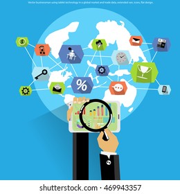 Vector businessman using tablet technology in a global market and trade data, extended van, icons, flat design.