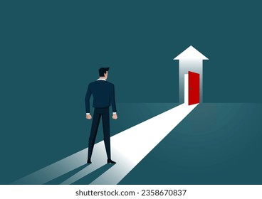 Vector businessman walking into red door rising up. walk towards bright light to success. Man who is walking towards successful.