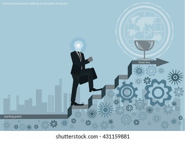 Vector businessman walking on the path of success with the light bulb buildings and icons flat design