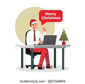 Vector businessman wearing santa claus hat while working from home with small christmas tree on his desk