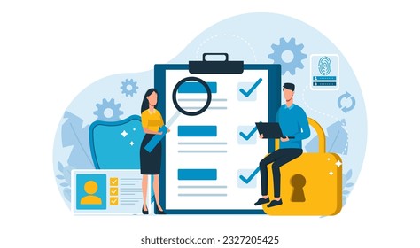 Vector of a businessman and a woman review a new contract agreement 