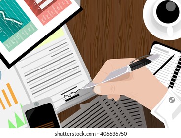 Vector Businessman with a work area and desk phone communication technology with graph paper, pens, papers flat design 