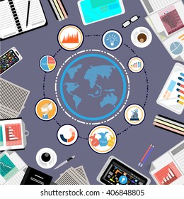 Vector Businessman with Work space Contact worldwide By using mobile technology, tablet, pen, pencil and paper usage flat design
