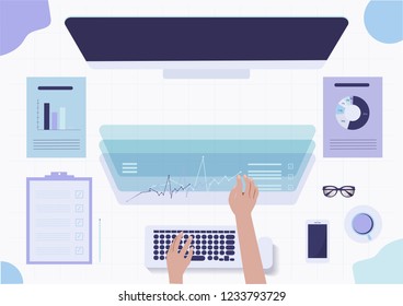 Vector businessman working on laptop computer with attractive touch screen interface sensitive display touristic information, Top view design