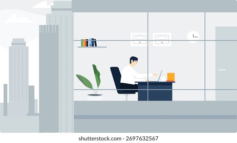 Vektor des Geschäftsmannes, der auf Laptop in modernem Büro mit Stadtblick Hintergrund arbeitet.