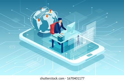 Vector of a businessman working online in a mobile social media platform communicating with customers worldwide 