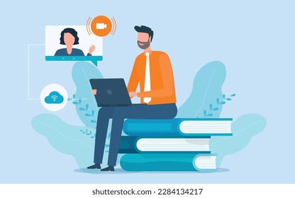 vector businessman working with remote online technology connection. People use computers for education. and video training  online conferencing concept