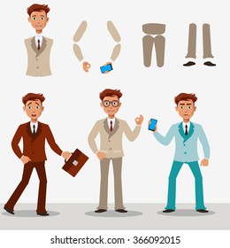 vector  businessman young boy in a cardboard cartoon style, with different hairstyles in the colorful, bright clothes