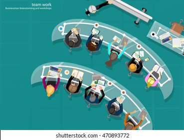 Vector Businessmen brainstorm job training, mobile, tablet, laptop, pencil, paper and a cup of coffee flat design