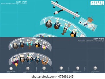 Vector Businessmen brainstorm job training, mobile, tablet, laptop, pencil, paper and a cup of coffee flat design