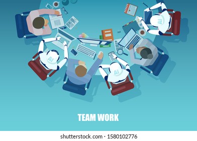 Vector of businessmen brainstorming business plan idea with robots, sitting at the table 