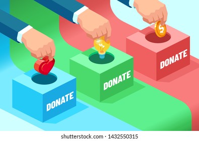 Vector Of Businessmen Hands Contributing Money, Idea, Moral Support: Coin, Light Bulb And Heart Into The Fundraising Box. Concept Of Donation For Social Needs 