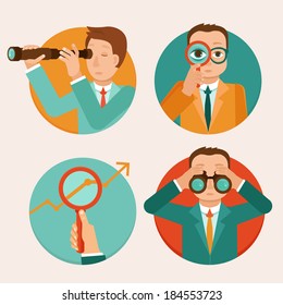 Vector Businessmen Looking For Future Trends - Business And Strategy Metaphor - Illustrations In Flat Style