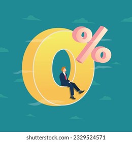 Vector businessmen sitting on zero percent symbol. Zero percent interest rate concept illustration