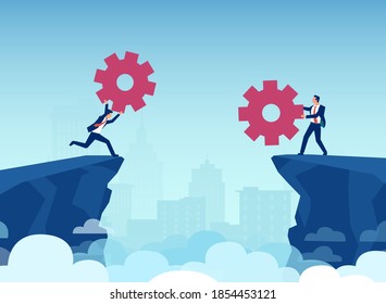 Vector of businessmen using gears to bridge the cliff gap between them. Business strategy and solution concept
