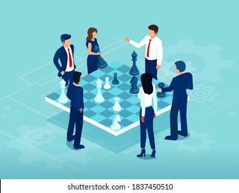 Vector of businessmen and women playing chess game brainstorming a strategy for success