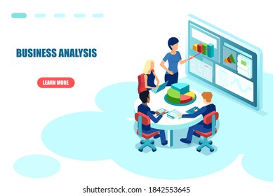 Vector of businesspeople sitting at table working on financial strategy business analysis and planning. 