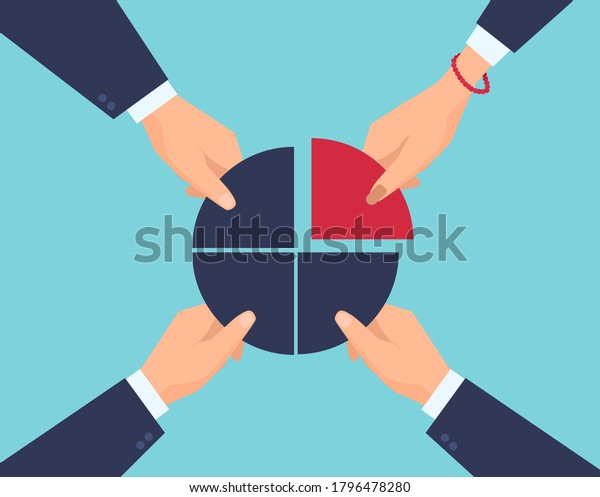 Vector of businesspeople three men and one woman\
dividing market profits\
