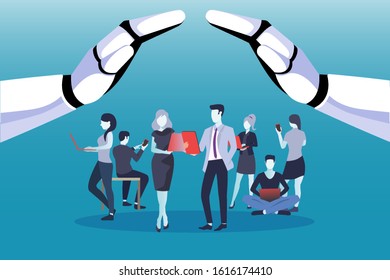 Vector of businesspeople using mobile devices being protected by robot hands 