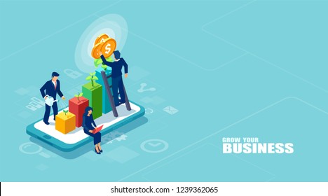 Vector Of Businesspeople Working Together And Growing A Successful Online Business On A Digital Tablet. Investments And Finance Concept