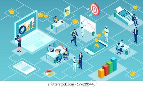 Vector of businesspeople working together with robots on financial data analysis 