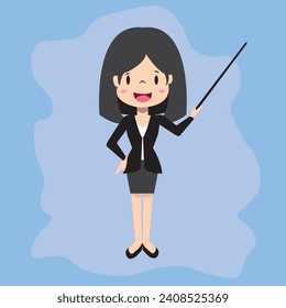 Vector, of businesswoman in black formal suit, giving a lecture and pointing