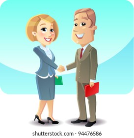 Vector businesswoman and businessman shaking hands.