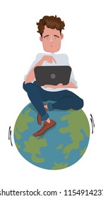 Vector Businesswoman character sit on globe using laptop for sending posts and sharing,search wireless technology 
information them Marketing Social Media Concept Influence world online web site. 